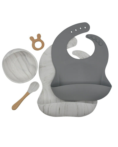 Marble Grey Silicone Baby and Toddler Gift Set. Includes 2 Silicone Bibs, suction bowl, wooden spoon, and teether toy.
